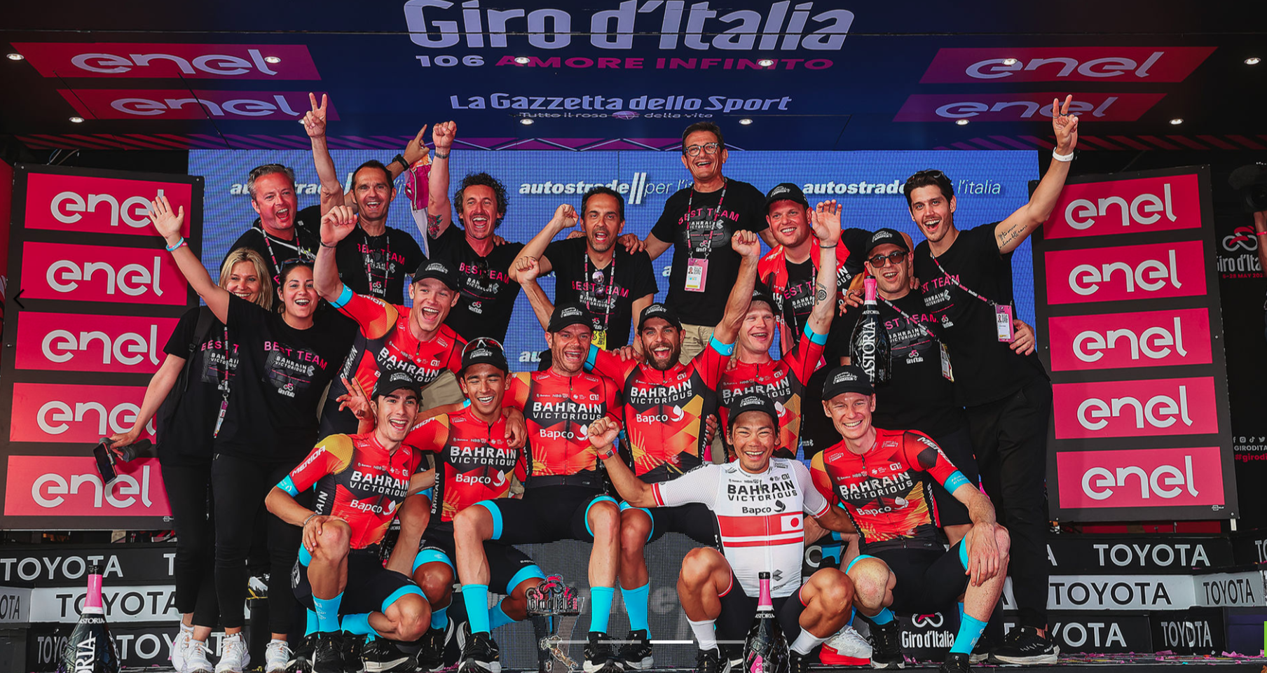 Team Bahrain Victorious on podium at finish of Giro d'Italia